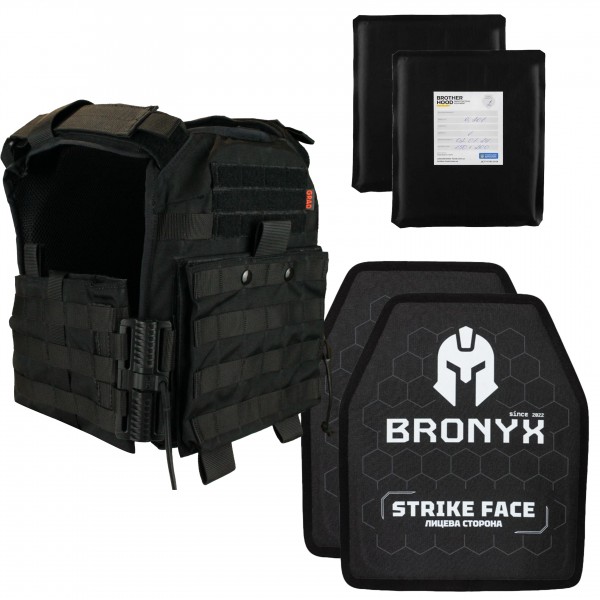 Бронекомплект плитоноска Grad FOPC QRS Black з плитами Bronyx та балістичними пакетами 15х20